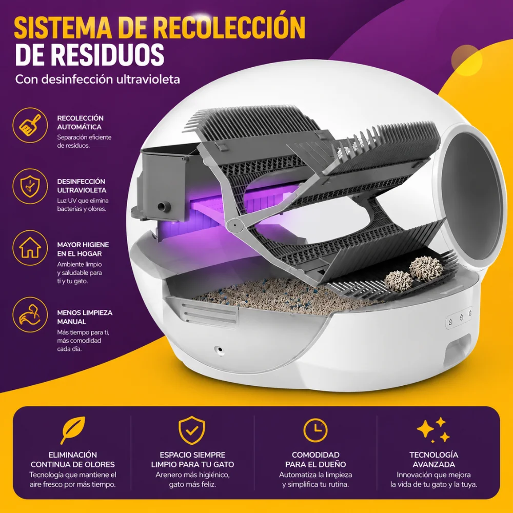 Vista interna del sistema de recolección automática de residuos con desinfección ultravioleta en un arenero automático para gatos.