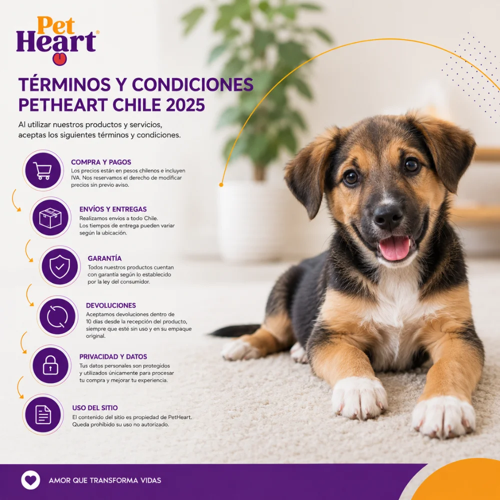 Términos y condiciones PetHeart Chile 2025 con información sobre compras, envíos, garantías y protección de datos.
