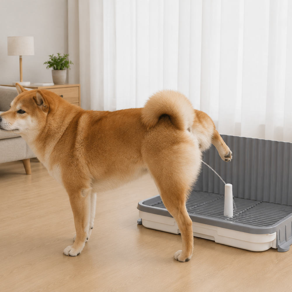 Urinario para perros con poste guía | Higiene práctica para machos en interiores 4 Perro Golden Retriever adulto utilizando un urinario PetHeart con poste guía y pared alta en una sala de estar, mostrando cómo el entrenamiento desde cachorro facilita su uso en la etapa adulta.