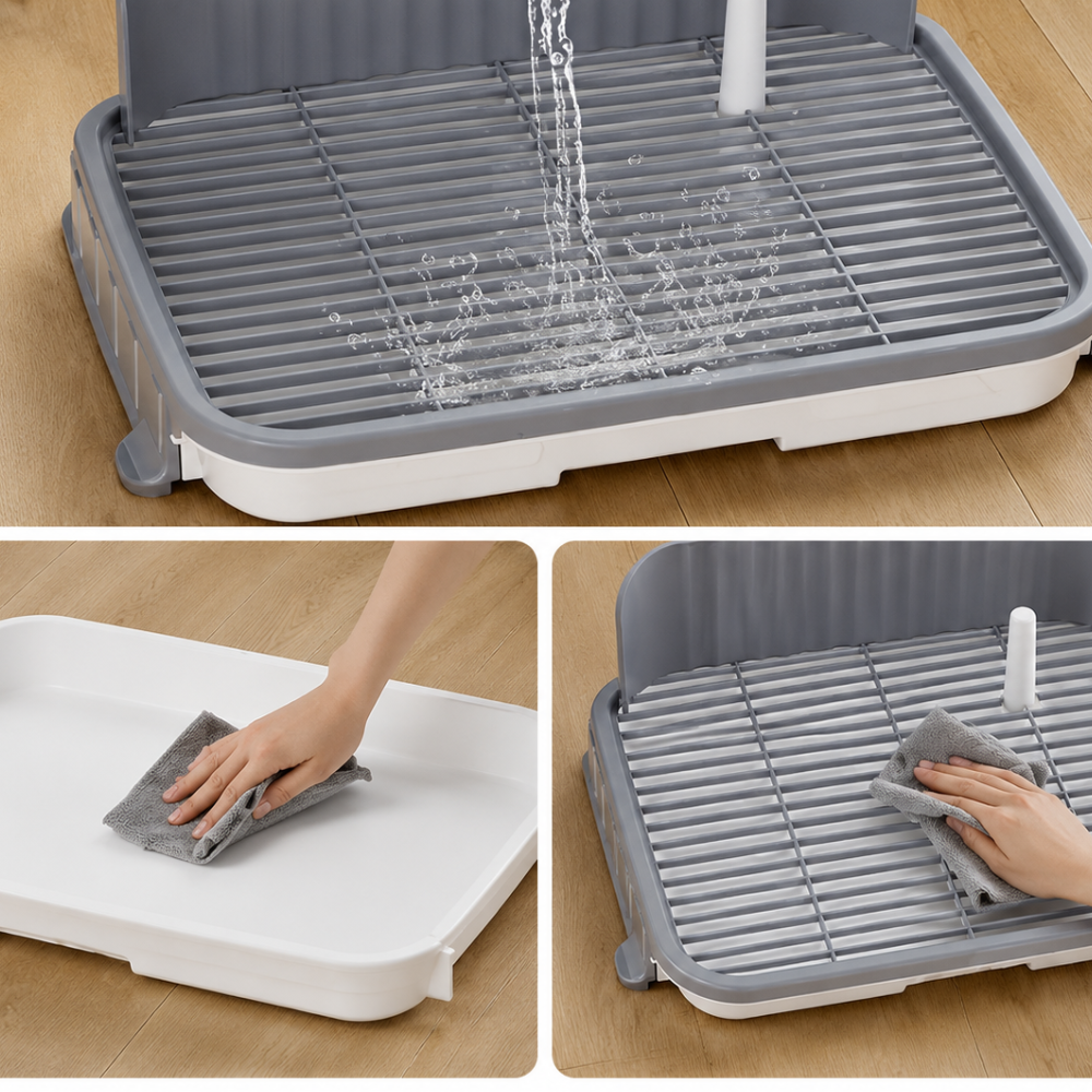 Urinario para perros con poste guía | Higiene práctica para machos en interiores 5 Collage de tres imágenes que muestran el proceso de limpieza del urinario para perros PetHeart utilizando agua, paño y jabón.
