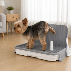 Perro Yorkshire Terrier utilizando un urinario para perros con poste guía y pared alta antisalpicaduras en una sala de estar.