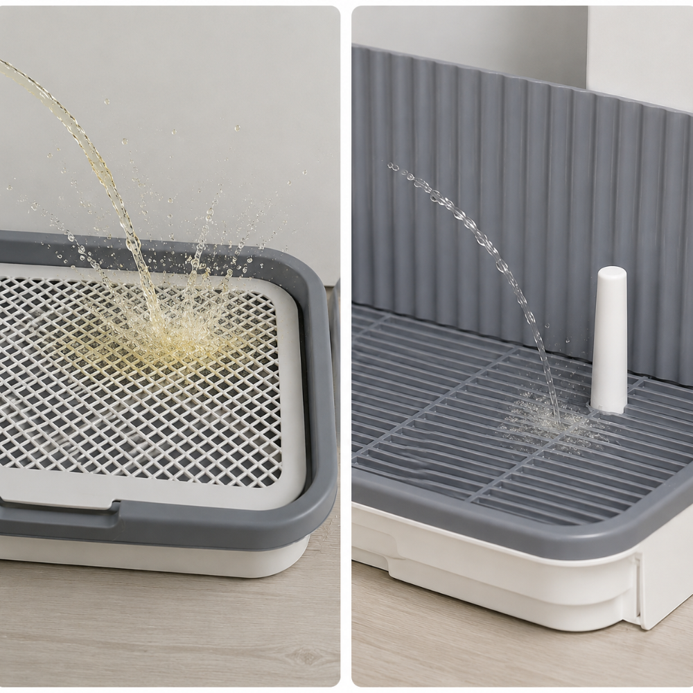 Urinario para perros con poste guía | Higiene práctica para machos en interiores 2 Comparación entre un urinario para perros convencional con salpicaduras y el urinario PetHeart con poste guía y pared alta antisalpicaduras que mantiene el área más limpia.